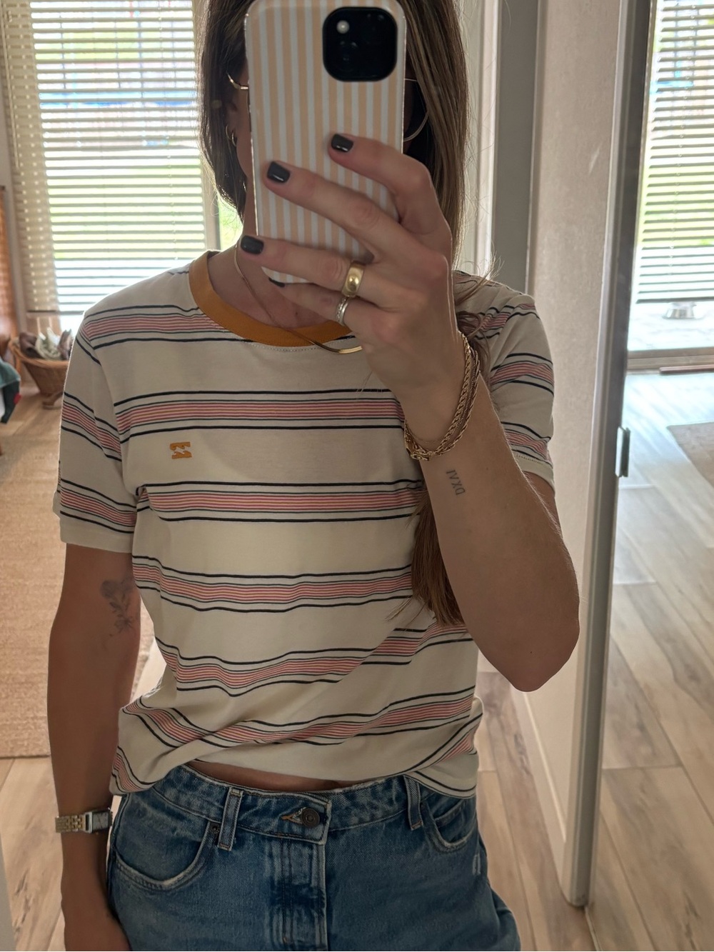 Billabong Cream Striped Short-Sleeve Tee with Mustard Trim
